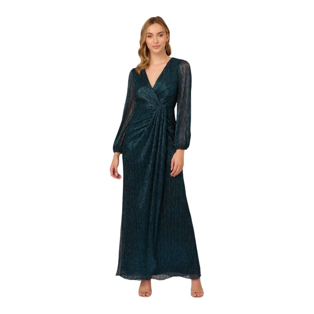 Adrianna Papell Metallic Crinkled Mesh Draped Long Gown